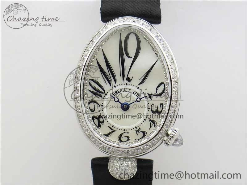 Original Reine de Naples 8928BB SS ZF 1:1 Best Edition White MOP Dial Diamonds Bezel on Black Fabric Strap A 5333