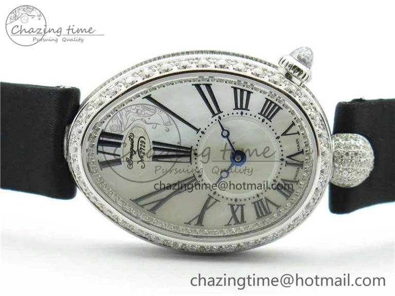 Classic Reine de Naples 8928BB SS ZF 1:1 Best Edition White MOP Roman Dial Diamonds Bezel on Black Fabric Strap A 5330