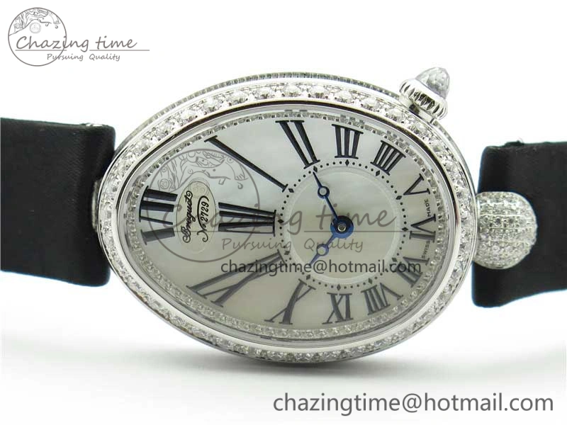 Classic Reine de Naples 8928BB SS ZF 1:1 Best Edition White MOP Roman Dial Diamonds Bezel on Black Fabric Strap A 5330
