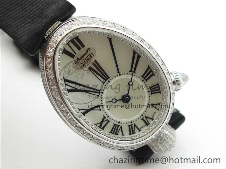 Classic Reine de Naples 8928BB SS ZF 1:1 Best Edition White MOP Roman Dial Diamonds Bezel on Black Fabric Strap A 5330