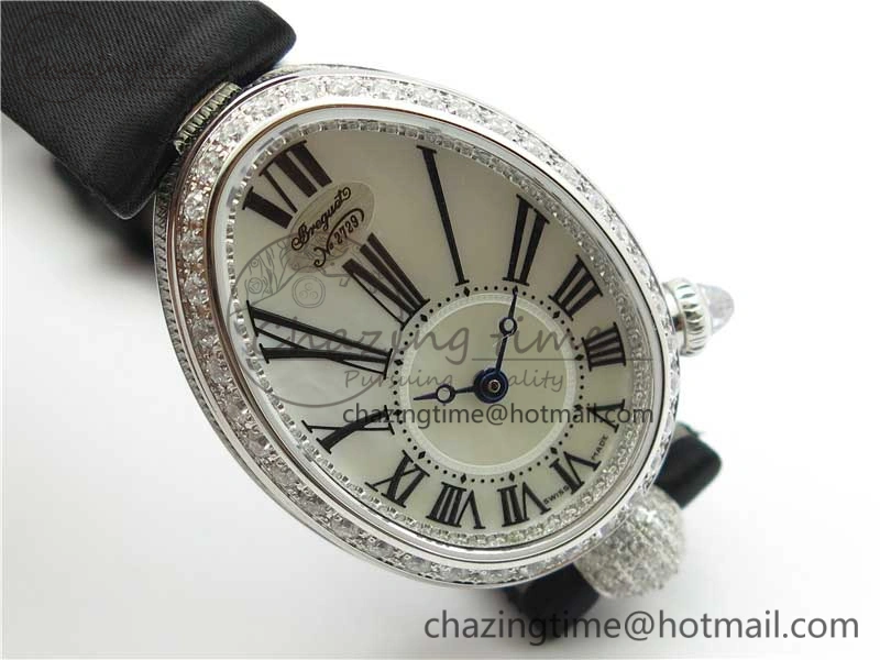 Classic Reine de Naples 8928BB SS ZF 1:1 Best Edition White MOP Roman Dial Diamonds Bezel on Black Fabric Strap A 5330