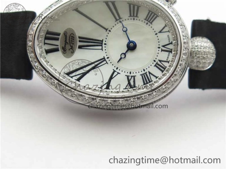 Classic Reine de Naples 8928BB SS ZF 1:1 Best Edition White MOP Roman Dial Diamonds Bezel on Black Fabric Strap A 5330