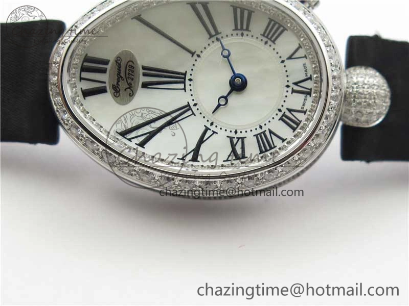Classic Reine de Naples 8928BB SS ZF 1:1 Best Edition White MOP Roman Dial Diamonds Bezel on Black Fabric Strap A 5330