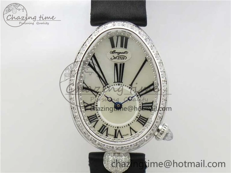 Classic Reine de Naples 8928BB SS ZF 1:1 Best Edition White MOP Roman Dial Diamonds Bezel on Black Fabric Strap A 5330