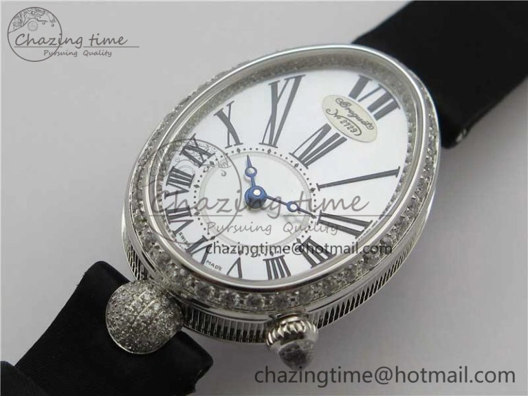 Classic Reine de Naples 8928BB SS ZF 1:1 Best Edition White MOP Roman Dial Diamonds Bezel on Black Fabric Strap A 5330