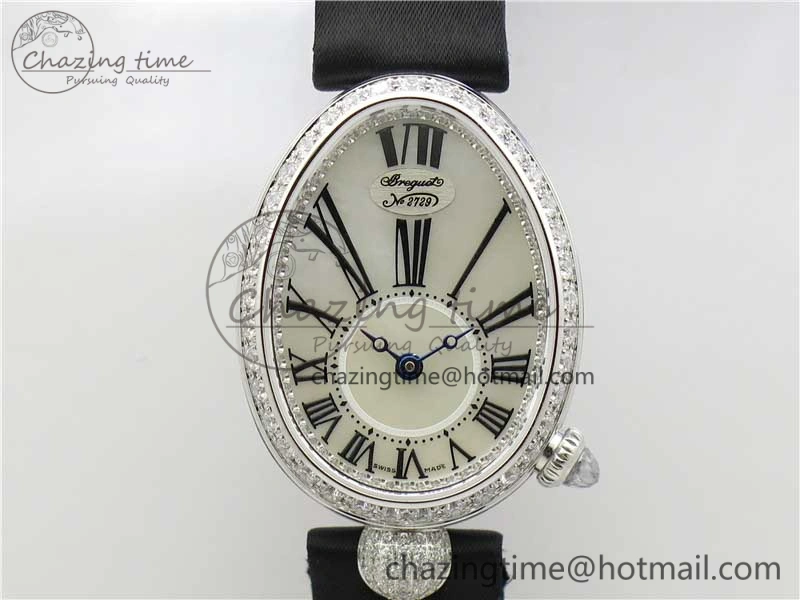 Classic Reine de Naples 8928BB SS ZF 1:1 Best Edition White MOP Roman Dial Diamonds Bezel on Black Fabric Strap A 5330