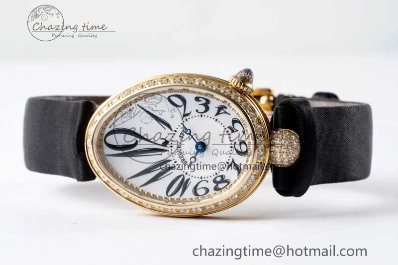 Reine de Naples YG ZF 1:1 Best Edition White Arabic Dial Diamonds Bezel on Black Fabric Strap A537 V UrbanChic 5323