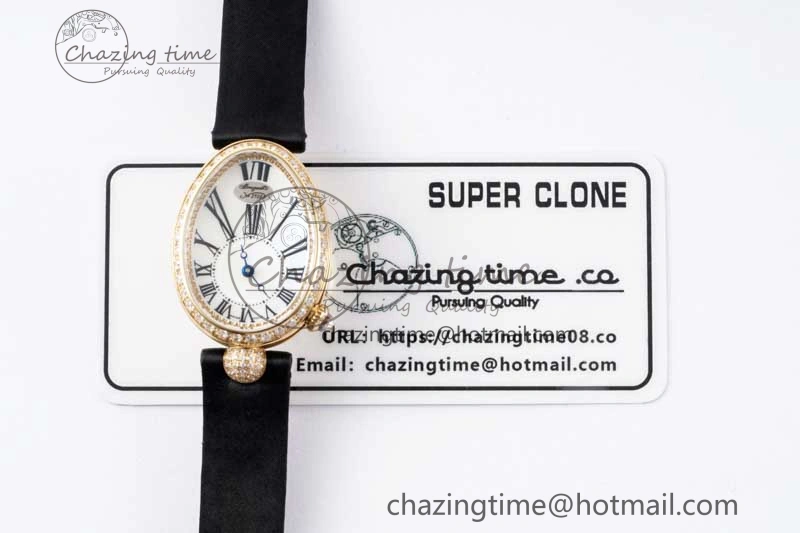 Reine de Naples YG ZF 1:1 Best Edition White Roman Dial Diamonds Bezel on Black Fabric Strap A537 V Chic 5324