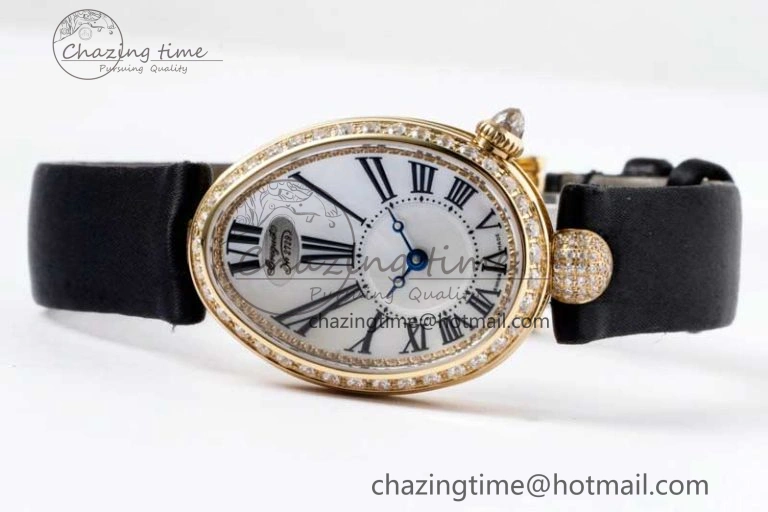 Reine de Naples YG ZF 1:1 Best Edition White Roman Dial Diamonds Bezel on Black Fabric Strap A537 V Chic 5324