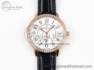 Rendez-Vous Night & Day RG APSF 1:1 Best Edition White Textured Dial Diamonds Bezel on Black Leather Strap A Lightweight 7416