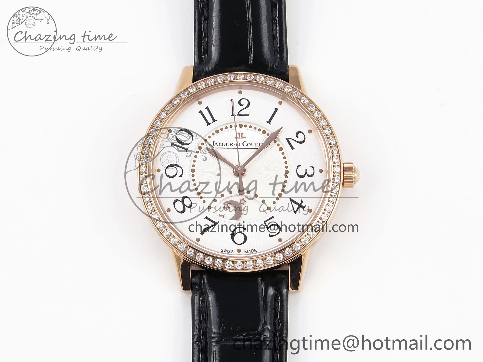 Rendez-Vous Night & Day RG APSF 1:1 Best Edition White Textured Dial Diamonds Bezel on Black Leather Strap A Lightweight 7416