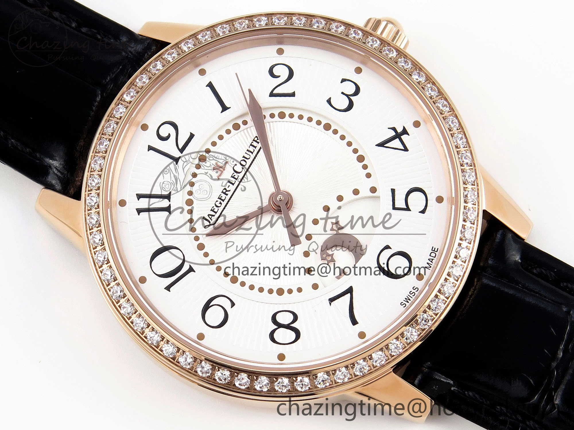Rendez-Vous Night & Day RG APSF 1:1 Best Edition White Textured Dial Diamonds Bezel on Black Leather Strap A Lightweight 7416
