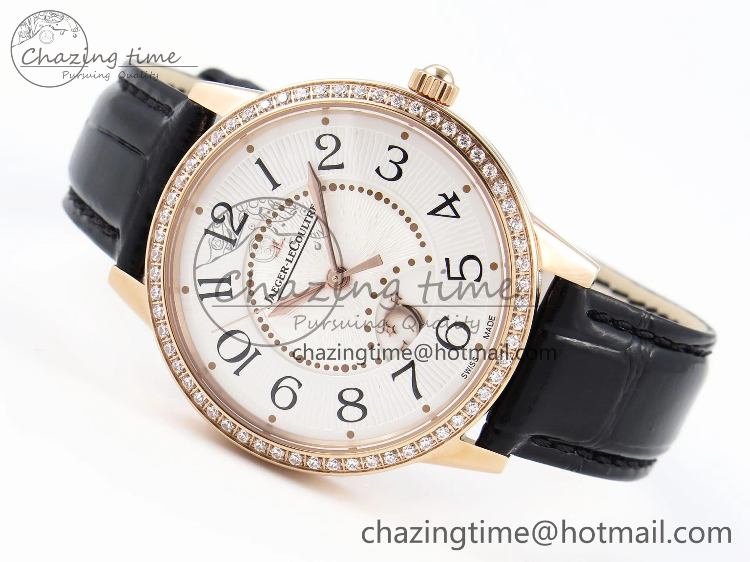 Rendez-Vous Night & Day RG APSF 1:1 Best Edition White Textured Dial Diamonds Bezel on Black Leather Strap A Lightweight 7416