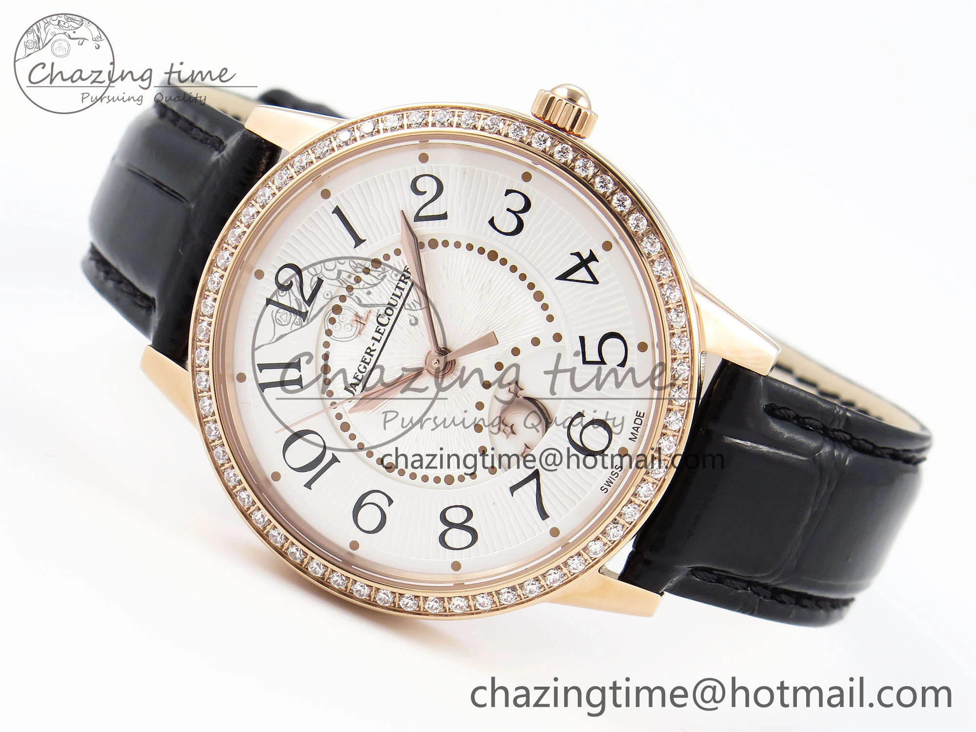 Rendez-Vous Night & Day RG APSF 1:1 Best Edition White Textured Dial Diamonds Bezel on Black Leather Strap A Lightweight 7416