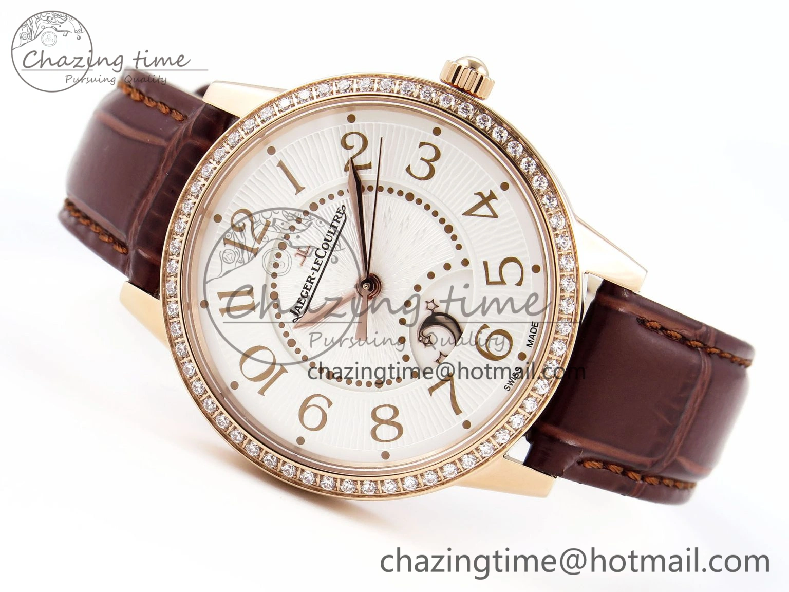 Rendez-Vous Night & Day RG APSF 1:1 Best Edition White Textured Dial Diamonds Bezel on Brown Leather Strap A ZeroBulk 10123