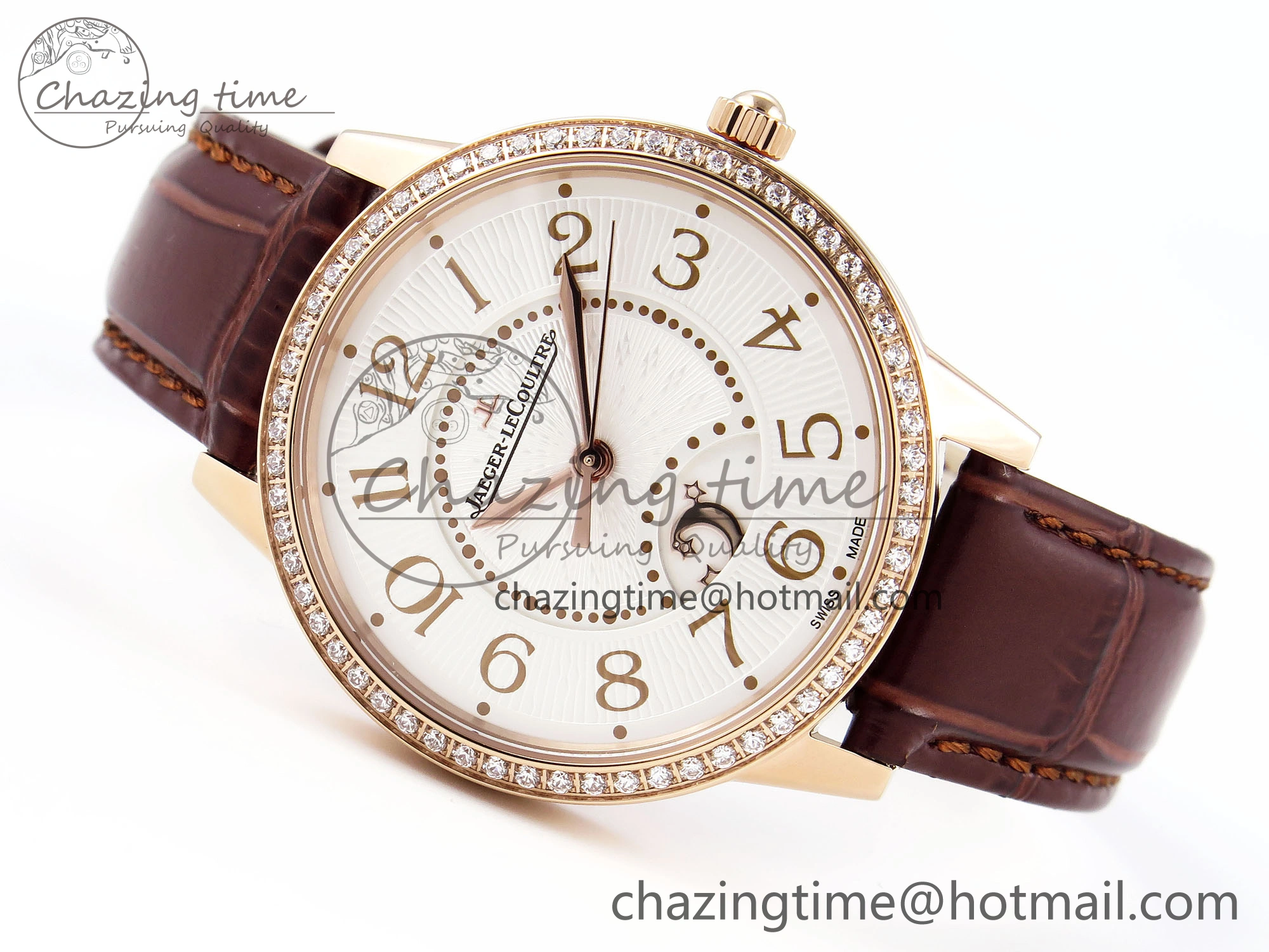 Rendez-Vous Night & Day RG APSF 1:1 Best Edition White Textured Dial Diamonds Bezel on Brown Leather Strap A ZeroBulk 10123