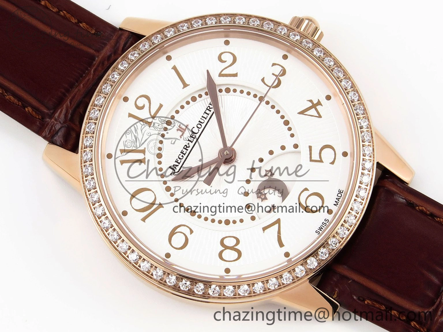 Rendez-Vous Night & Day RG APSF 1:1 Best Edition White Textured Dial Diamonds Bezel on Brown Leather Strap A ZeroBulk 10123