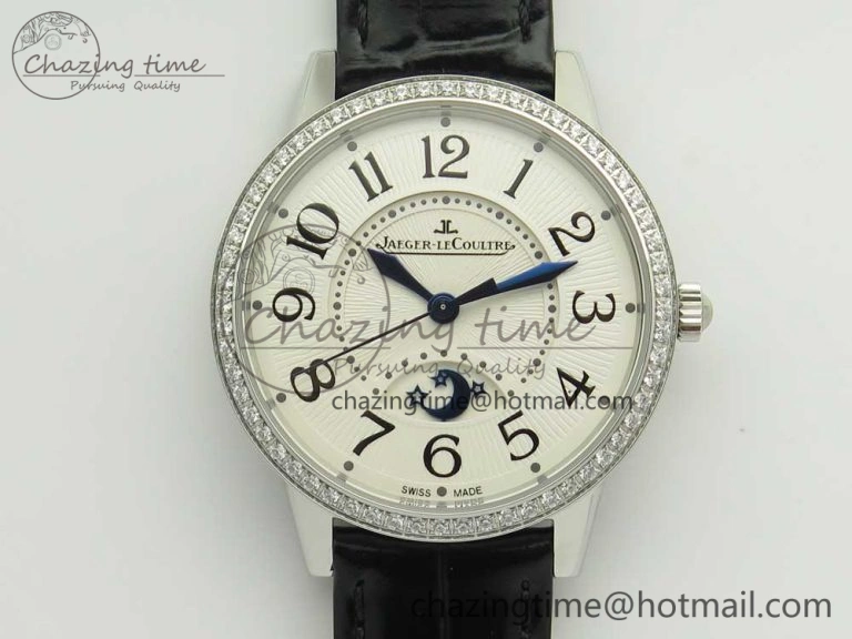 Elegant Rendez-Vous Night & Day SS ZF 1:1 Best Edition White Textured Dial Diamonds Bezel on Black Leather Strap A 7458