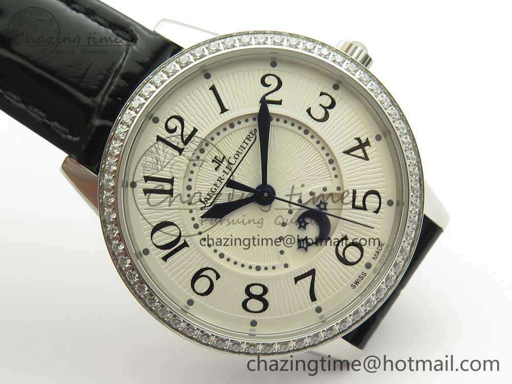 QuickDry Rendez-Vous Night & Day SS ZF 1:1 Best Edition White Textured Dial Diamonds Bezel on Black Leather Strap A 10585