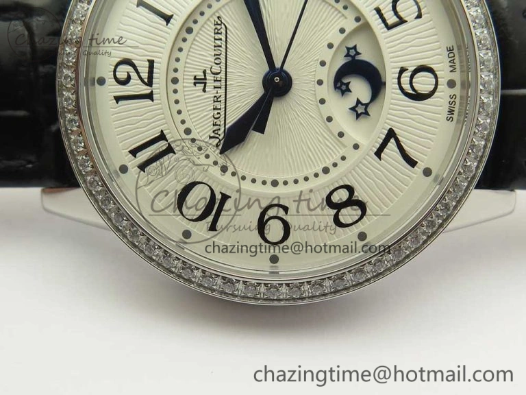 QuickDry Rendez-Vous Night & Day SS ZF 1:1 Best Edition White Textured Dial Diamonds Bezel on Black Leather Strap A 10585