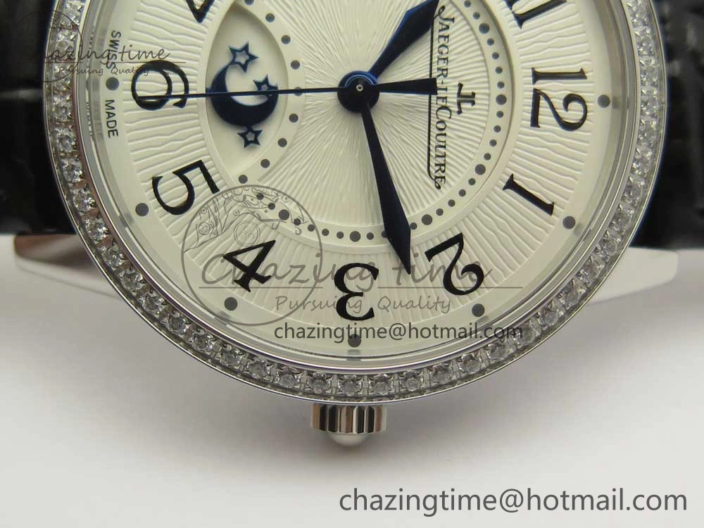 QuickDry Rendez-Vous Night & Day SS ZF 1:1 Best Edition White Textured Dial Diamonds Bezel on Black Leather Strap A 10585