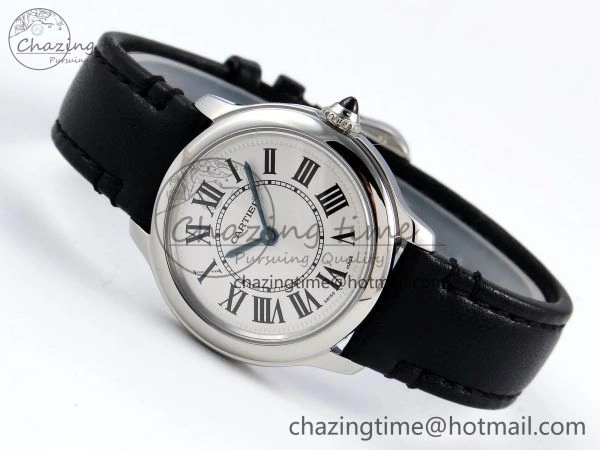 Elegant Ronde De Cartier 29mm DRF 1:1 Best Edition Sandblasted Silver-Plated White Dial on Black Leather Strap Ronda Quartz 5976