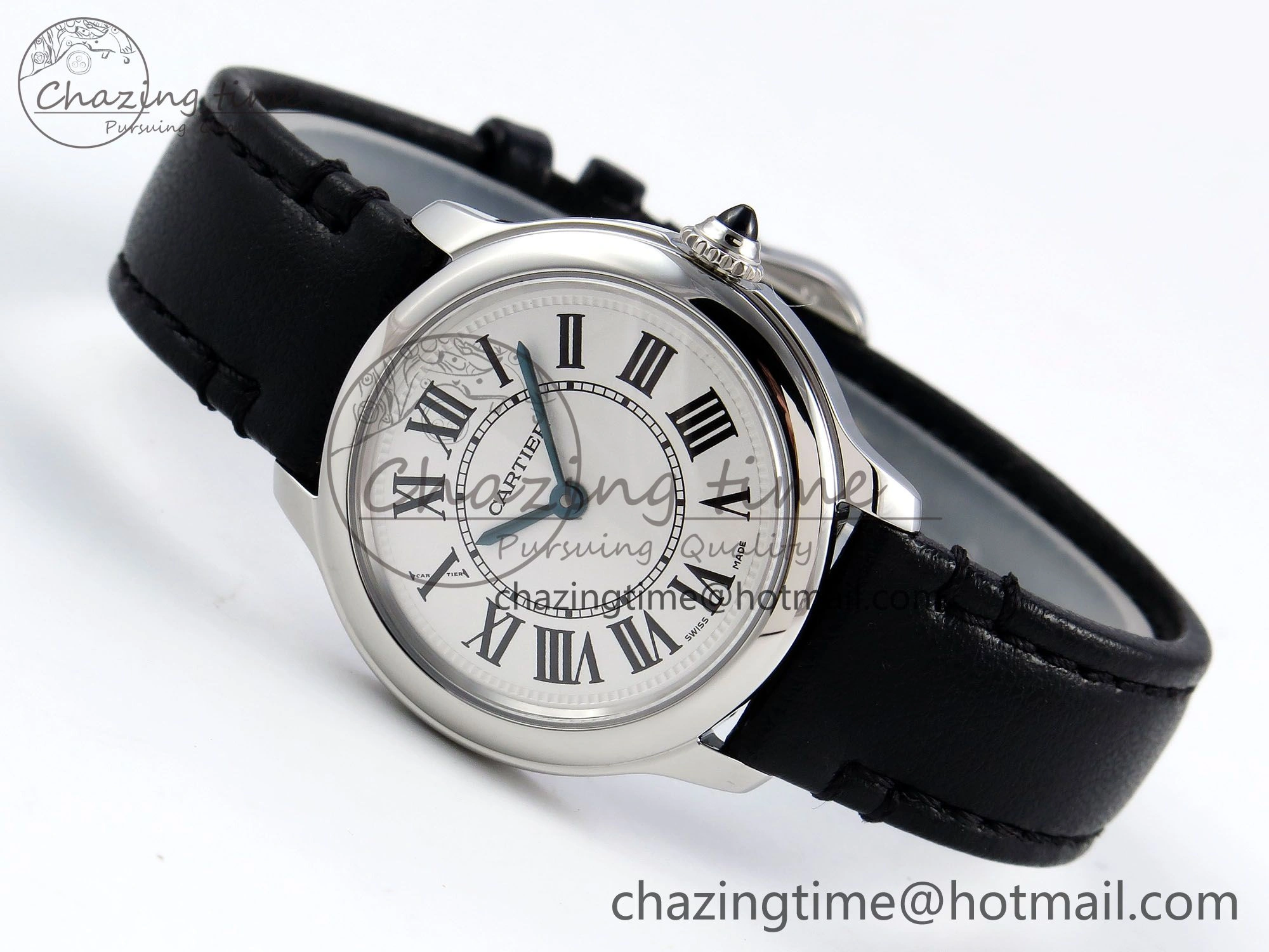 Elegant Ronde De Cartier 29mm DRF 1:1 Best Edition Sandblasted Silver-Plated White Dial on Black Leather Strap Ronda Quartz 5976