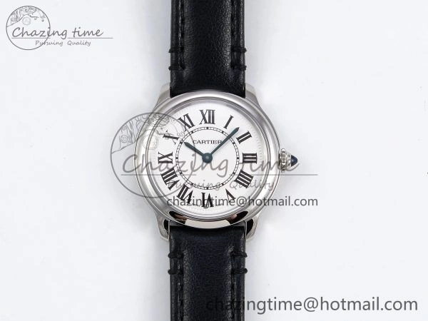 Elegant Ronde De Cartier 29mm DRF 1:1 Best Edition Sandblasted Silver-Plated White Dial on Black Leather Strap Ronda Quartz 5976