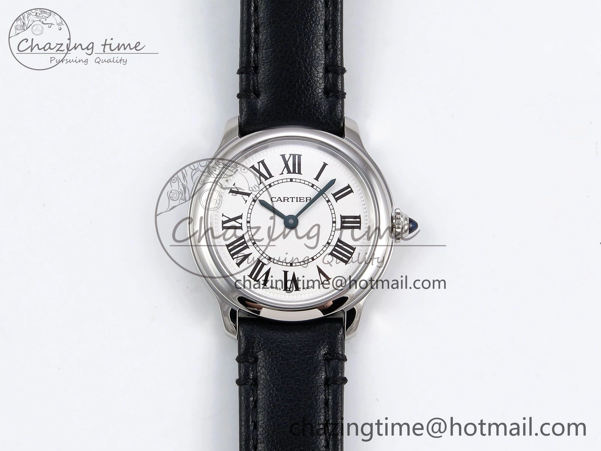 Elegant Ronde De Cartier 29mm DRF 1:1 Best Edition Sandblasted Silver-Plated White Dial on Black Leather Strap Ronda Quartz 5976