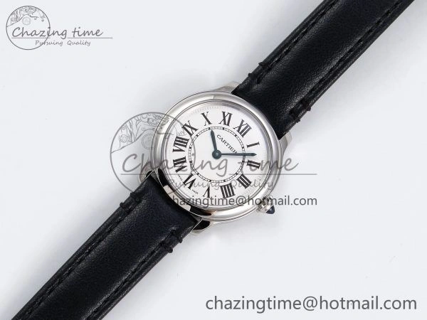 Elegant Ronde De Cartier 29mm DRF 1:1 Best Edition Sandblasted Silver-Plated White Dial on Black Leather Strap Ronda Quartz 5976