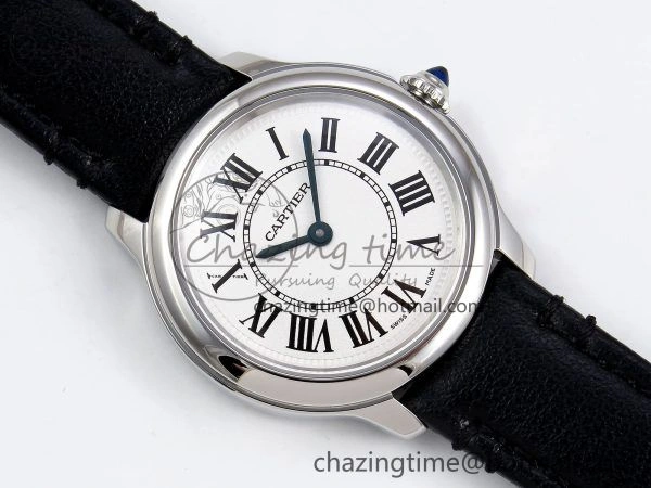 Elegant Ronde De Cartier 29mm DRF 1:1 Best Edition Sandblasted Silver-Plated White Dial on Black Leather Strap Ronda Quartz 5976