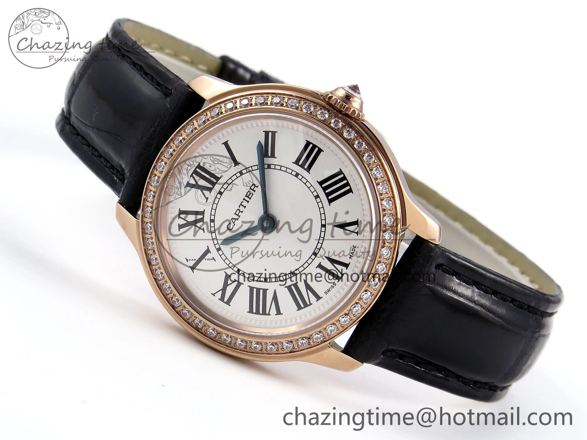 Sleek Ronde Louis Cartier 29mm RG DRF 1:1 Best Edition Sandblasted Beige Dial Diamonds Bezel on Black Leather Strap Ronda Quartz 5972