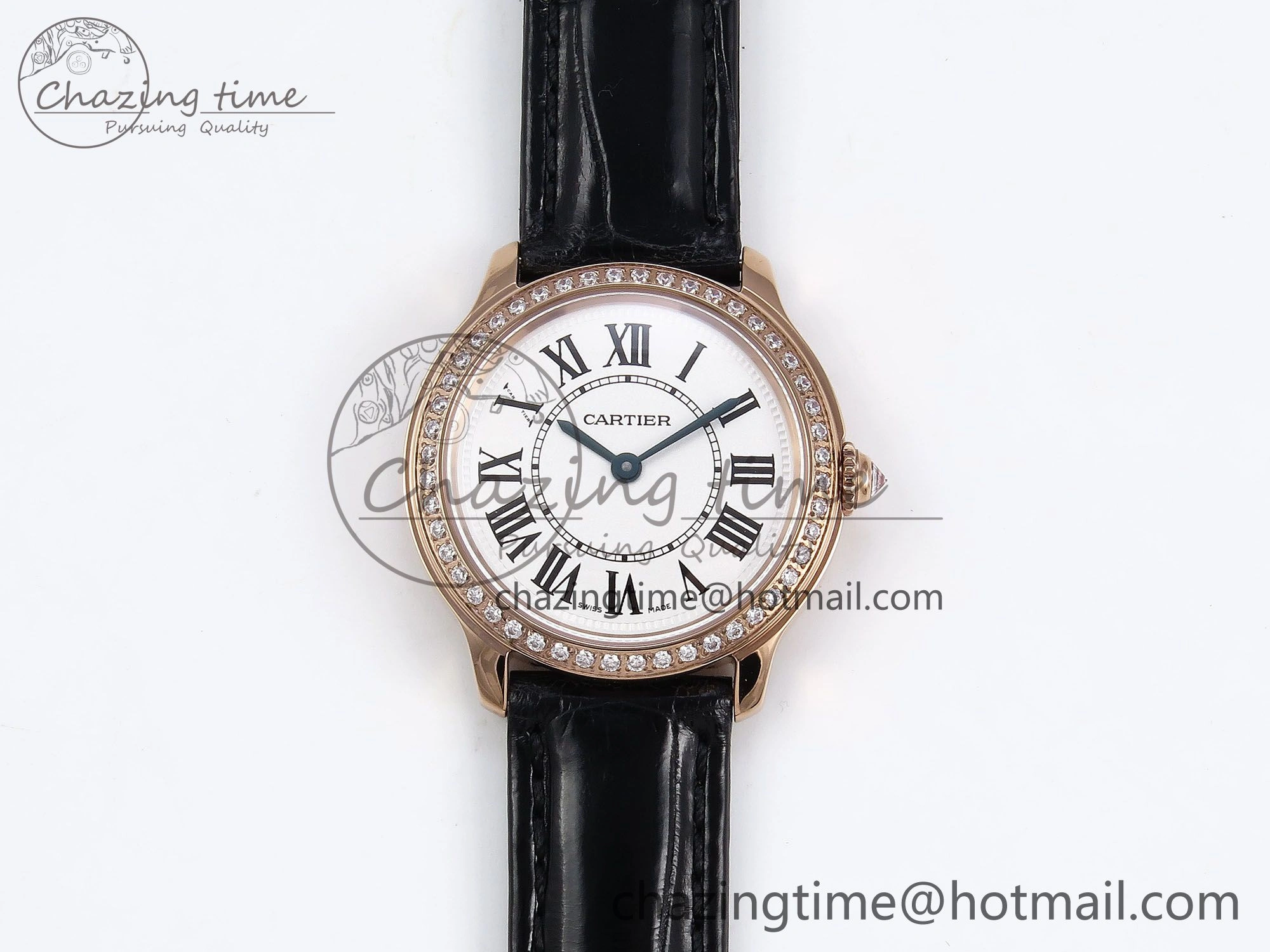 Sleek Ronde Louis Cartier 29mm RG DRF 1:1 Best Edition Sandblasted Beige Dial Diamonds Bezel on Black Leather Strap Ronda Quartz 5972