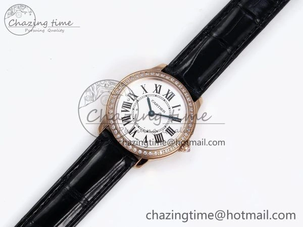 Sleek Ronde Louis Cartier 29mm RG DRF 1:1 Best Edition Sandblasted Beige Dial Diamonds Bezel on Black Leather Strap Ronda Quartz 5972