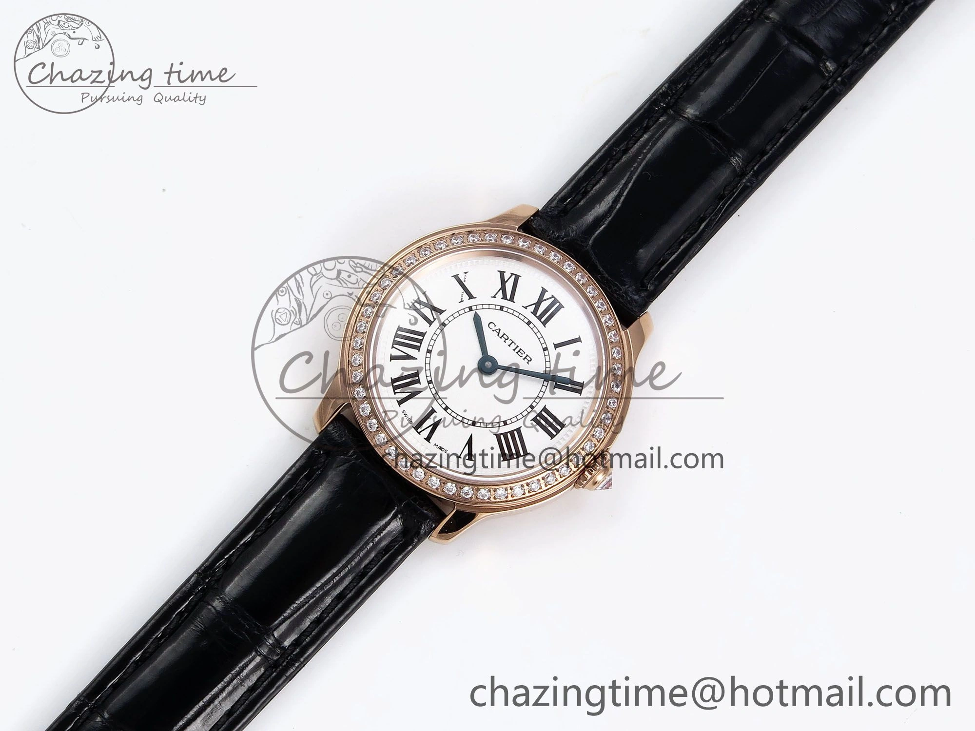 Sleek Ronde Louis Cartier 29mm RG DRF 1:1 Best Edition Sandblasted Beige Dial Diamonds Bezel on Black Leather Strap Ronda Quartz 5972