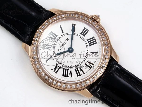 Sleek Ronde Louis Cartier 29mm RG DRF 1:1 Best Edition Sandblasted Beige Dial Diamonds Bezel on Black Leather Strap Ronda Quartz 5972