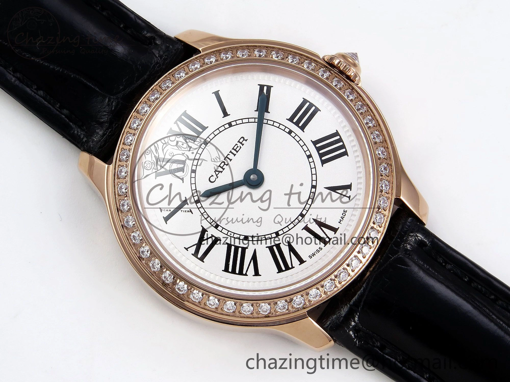Sleek Ronde Louis Cartier 29mm RG DRF 1:1 Best Edition Sandblasted Beige Dial Diamonds Bezel on Black Leather Strap Ronda Quartz 5972