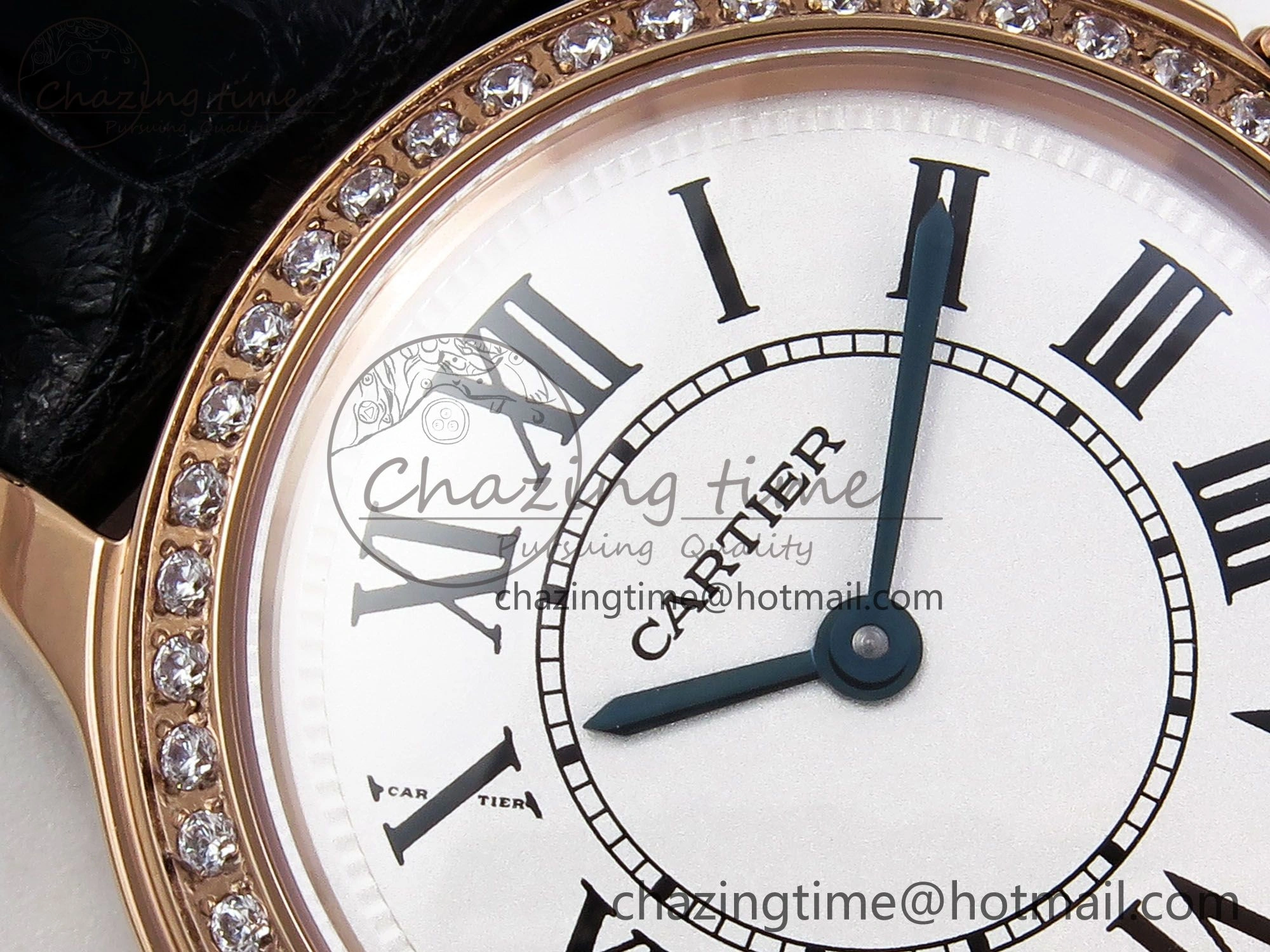 Sleek Ronde Louis Cartier 29mm RG DRF 1:1 Best Edition Sandblasted Beige Dial Diamonds Bezel on Black Leather Strap Ronda Quartz 5972