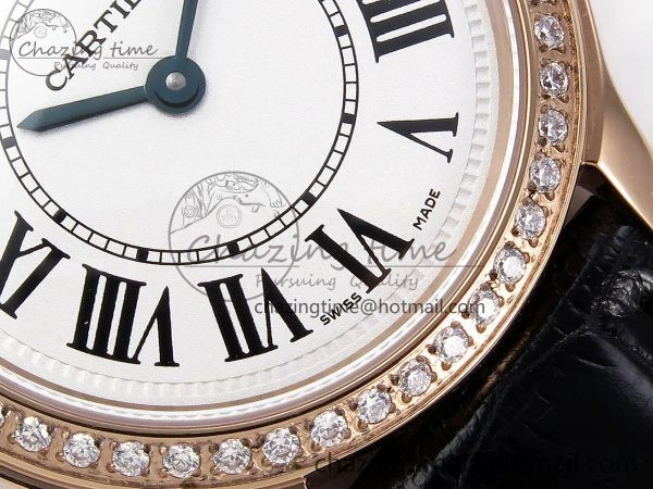 Sleek Ronde Louis Cartier 29mm RG DRF 1:1 Best Edition Sandblasted Beige Dial Diamonds Bezel on Black Leather Strap Ronda Quartz 5972