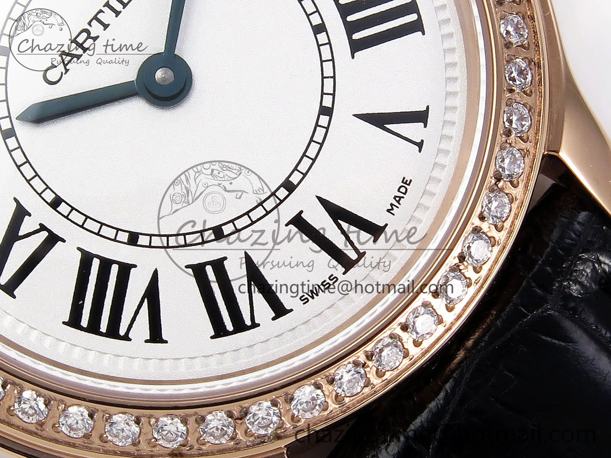 Sleek Ronde Louis Cartier 29mm RG DRF 1:1 Best Edition Sandblasted Beige Dial Diamonds Bezel on Black Leather Strap Ronda Quartz 5972