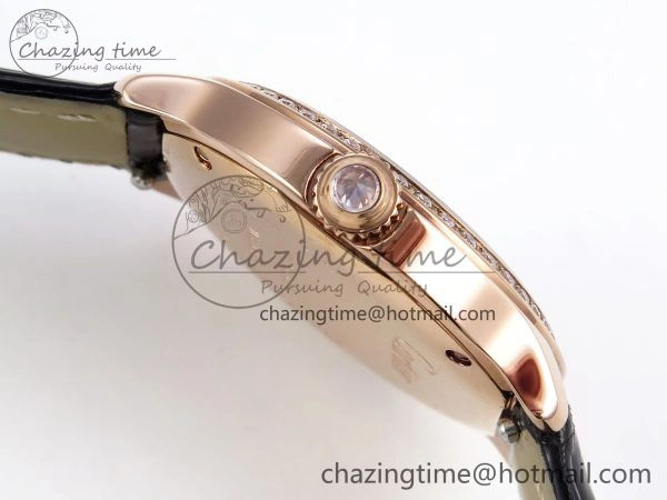 Sleek Ronde Louis Cartier 29mm RG DRF 1:1 Best Edition Sandblasted Beige Dial Diamonds Bezel on Black Leather Strap Ronda Quartz 5972