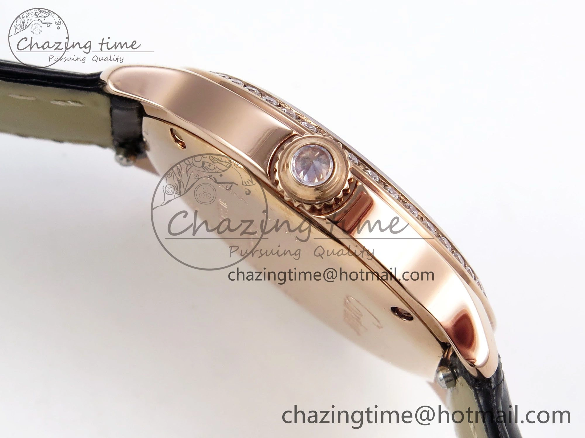 Sleek Ronde Louis Cartier 29mm RG DRF 1:1 Best Edition Sandblasted Beige Dial Diamonds Bezel on Black Leather Strap Ronda Quartz 5972
