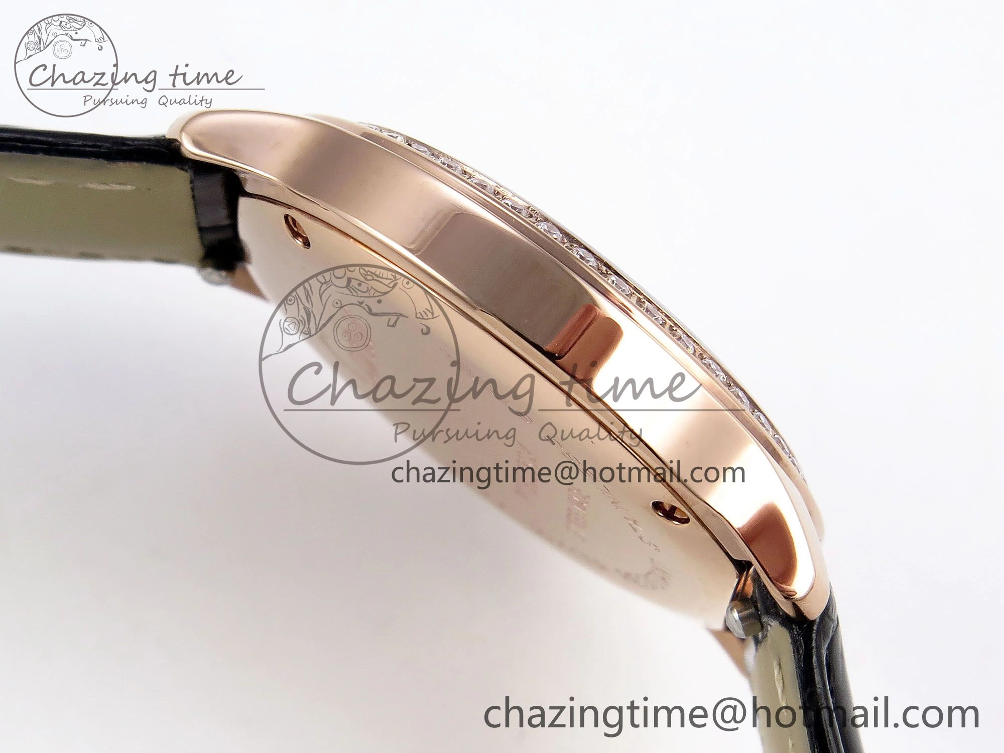 Sleek Ronde Louis Cartier 29mm RG DRF 1:1 Best Edition Sandblasted Beige Dial Diamonds Bezel on Black Leather Strap Ronda Quartz 5972
