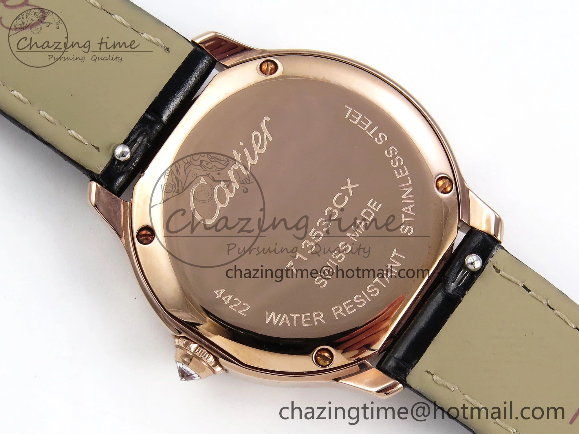 Sleek Ronde Louis Cartier 29mm RG DRF 1:1 Best Edition Sandblasted Beige Dial Diamonds Bezel on Black Leather Strap Ronda Quartz 5972