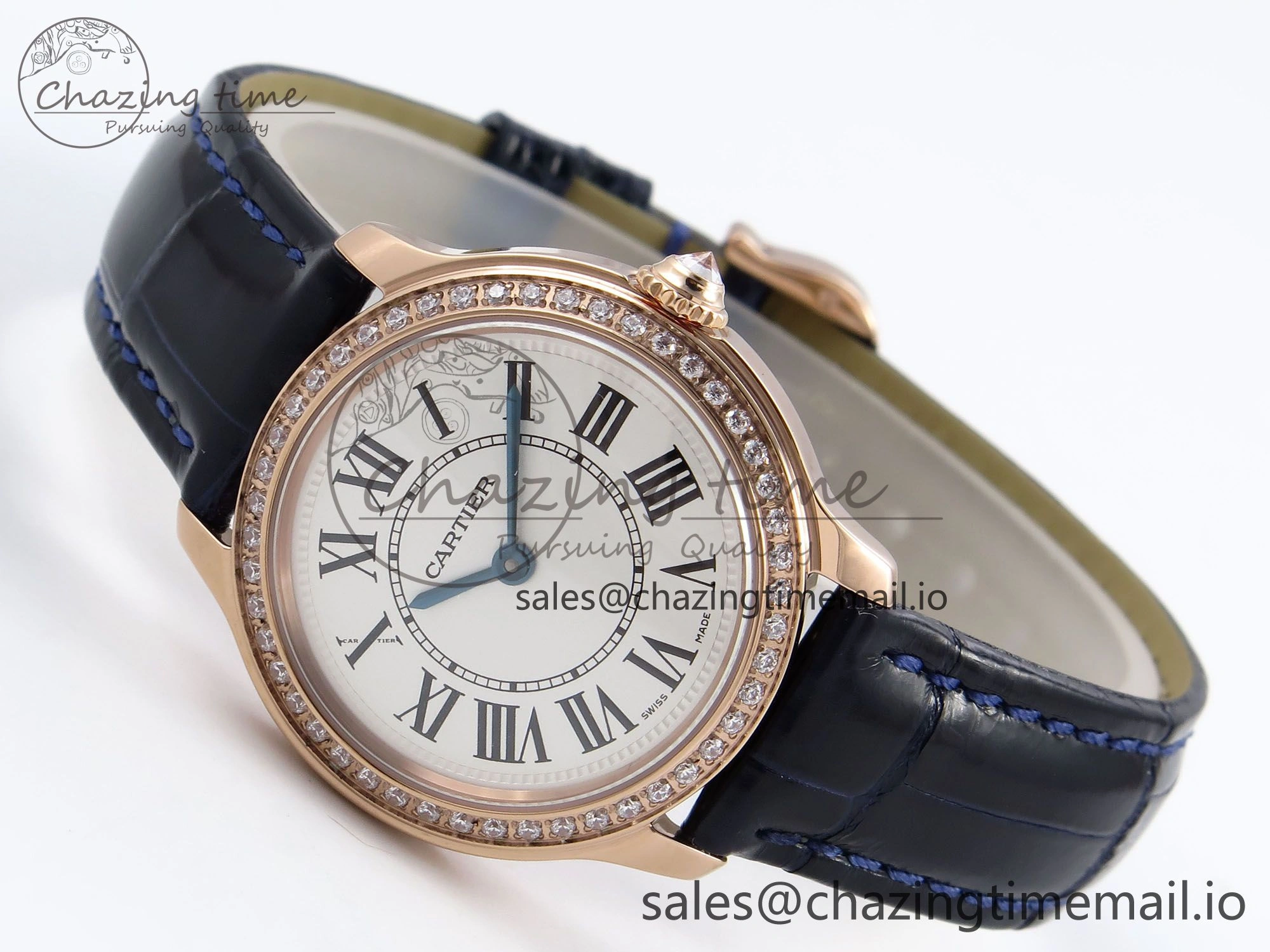 Ronde Louis Cartier 29mm RG DRF 1:1 Best Edition Sandblasted Beige Dial Diamonds Bezel on Blue Leather Strap Ronda Quartz OnTrend 5873