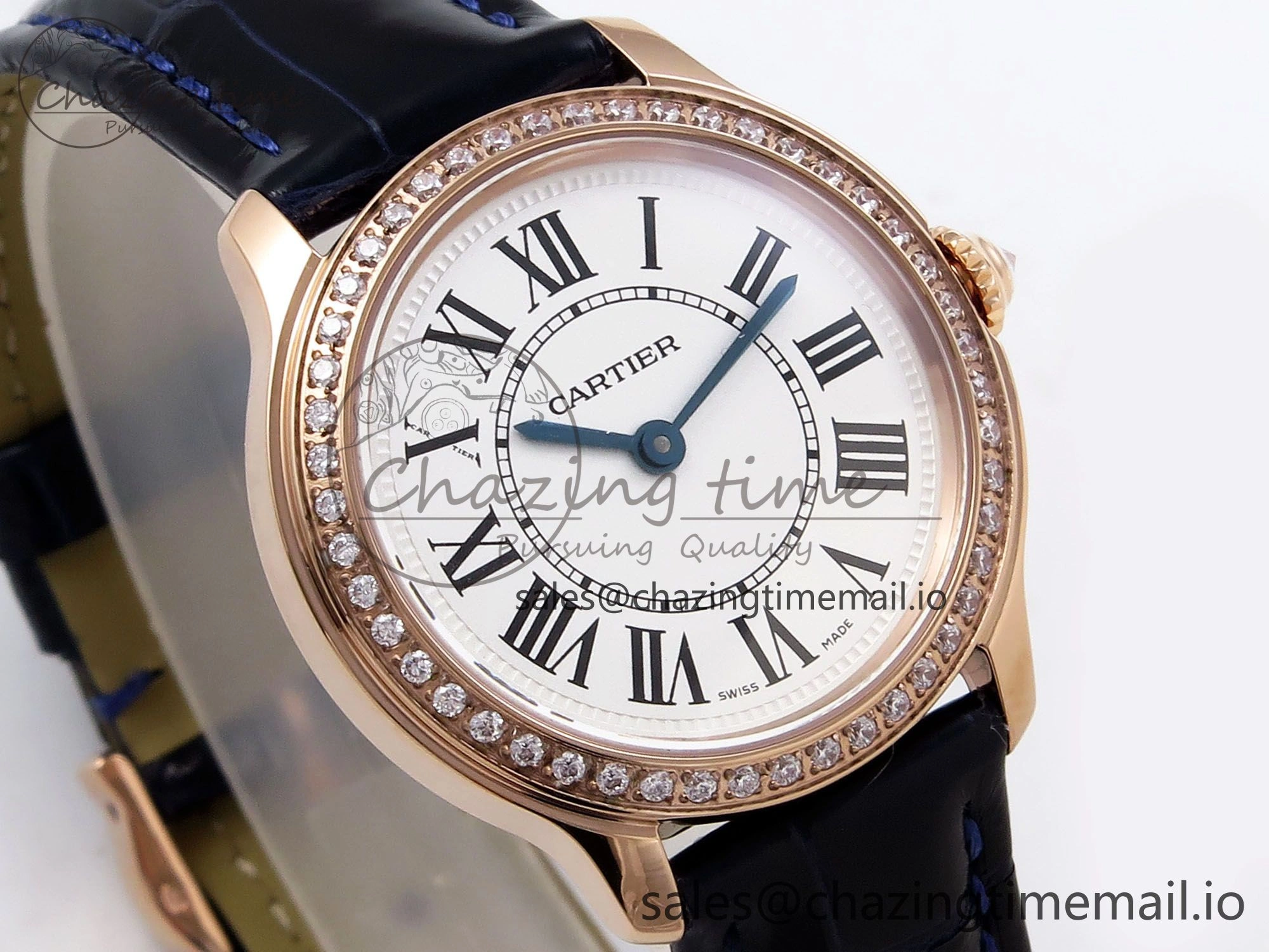 Ronde Louis Cartier 29mm RG DRF 1:1 Best Edition Sandblasted Beige Dial Diamonds Bezel on Blue Leather Strap Ronda Quartz OnTrend 5873