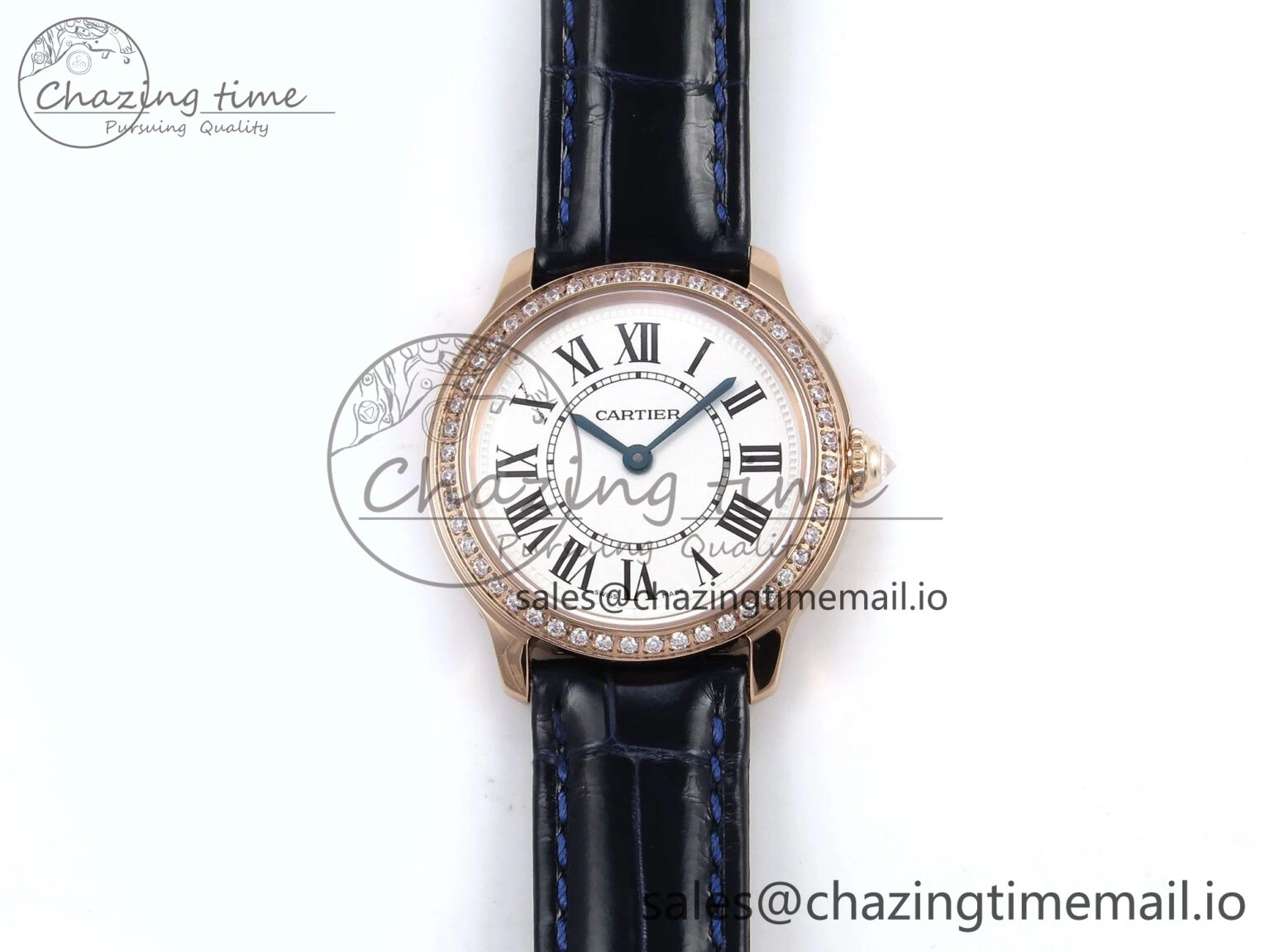 Ronde Louis Cartier 29mm RG DRF 1:1 Best Edition Sandblasted Beige Dial Diamonds Bezel on Blue Leather Strap Ronda Quartz OnTrend 5873