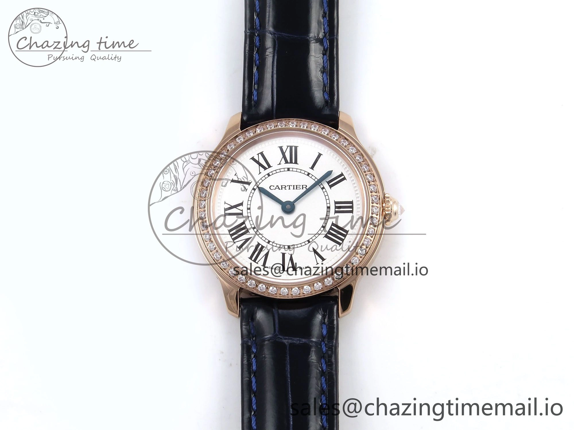 Ronde Louis Cartier 29mm RG DRF 1:1 Best Edition Sandblasted Beige Dial Diamonds Bezel on Blue Leather Strap Ronda Quartz OnTrend 5873