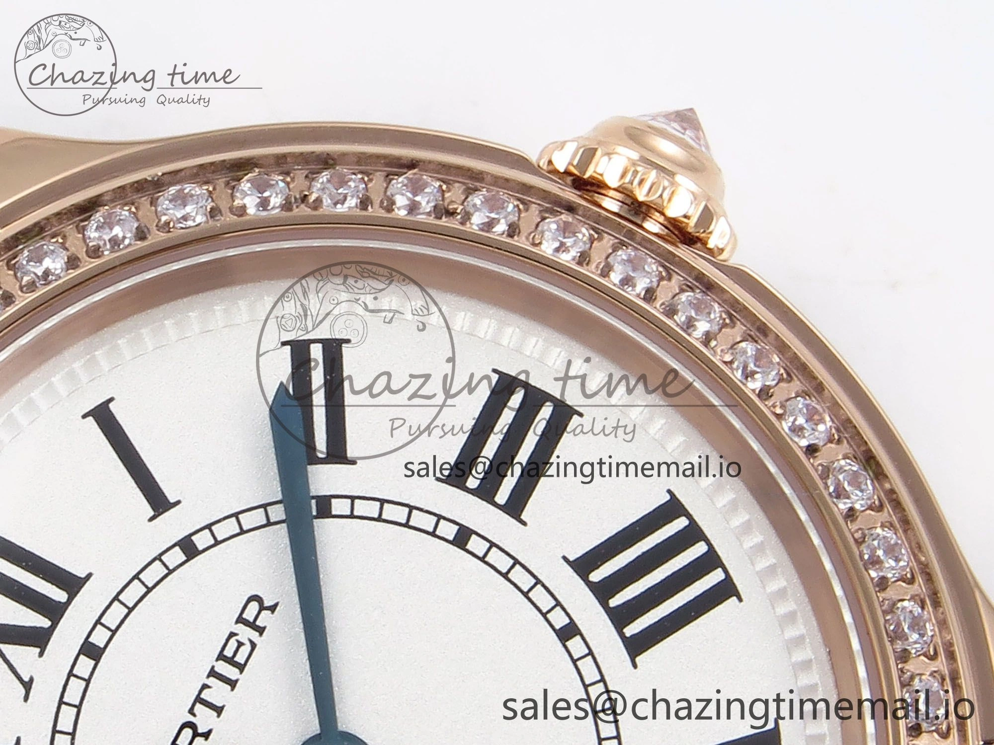Ronde Louis Cartier 29mm RG DRF 1:1 Best Edition Sandblasted Beige Dial Diamonds Bezel on Blue Leather Strap Ronda Quartz OnTrend 5873