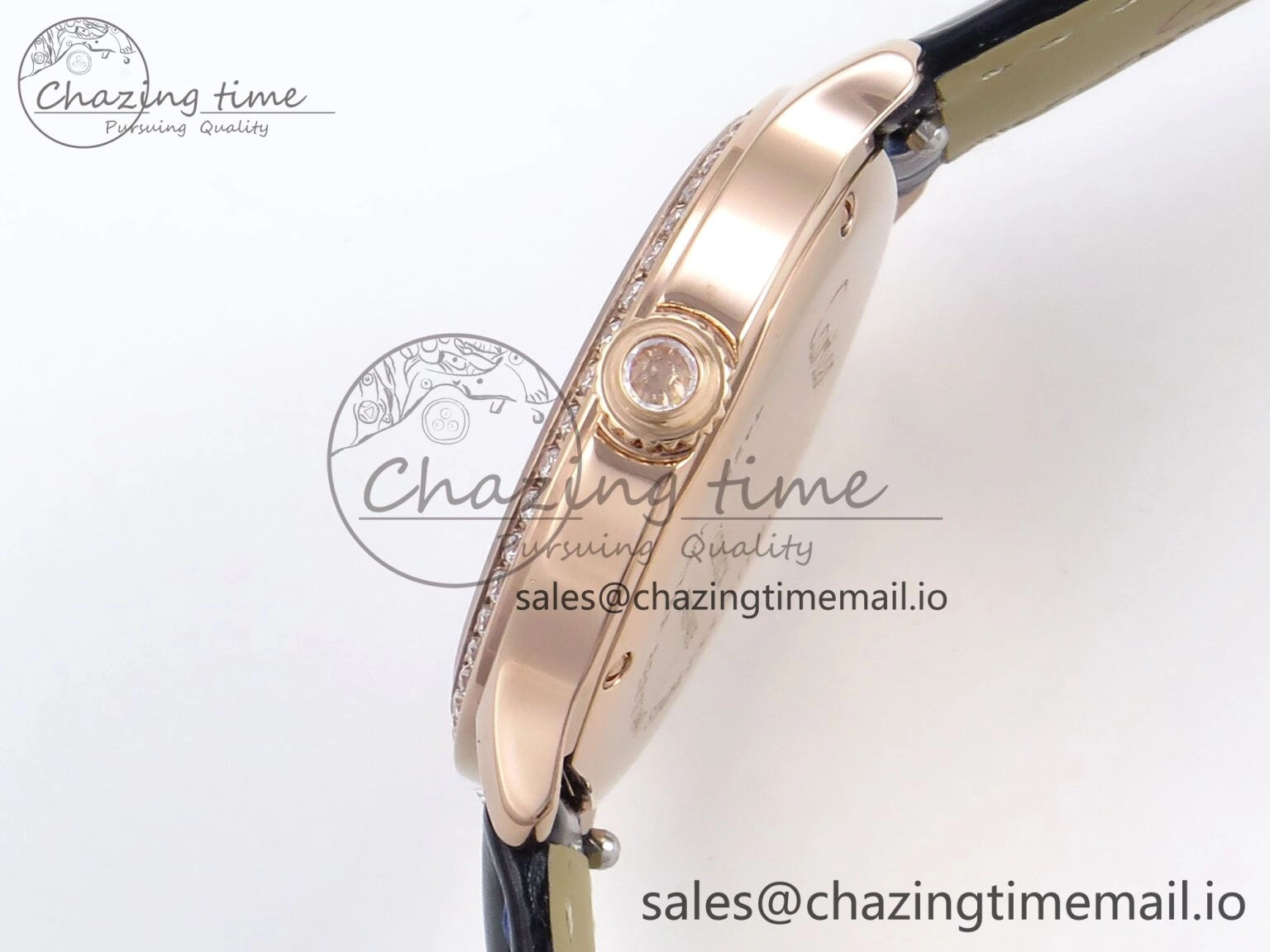 Ronde Louis Cartier 29mm RG DRF 1:1 Best Edition Sandblasted Beige Dial Diamonds Bezel on Blue Leather Strap Ronda Quartz OnTrend 5873